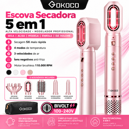 GOKOCO Modelador de Cabelo 5 em 1 Bivolt – Escova Secadora de Alta Velocidade com Íons, Alisador e Modelador