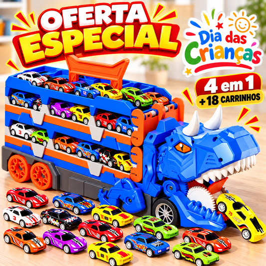 Caminhão Dinossauro Rex 4 em 1 com Pista + 18 Carrinhos