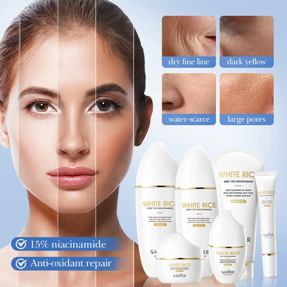 Conjunto de Cuidados Essenciais com a pele, soro facial clareador, creme removedor de rugas, encolhe os poros, desbota, melanina opaca, hidrata e ilumina, (6 peças)